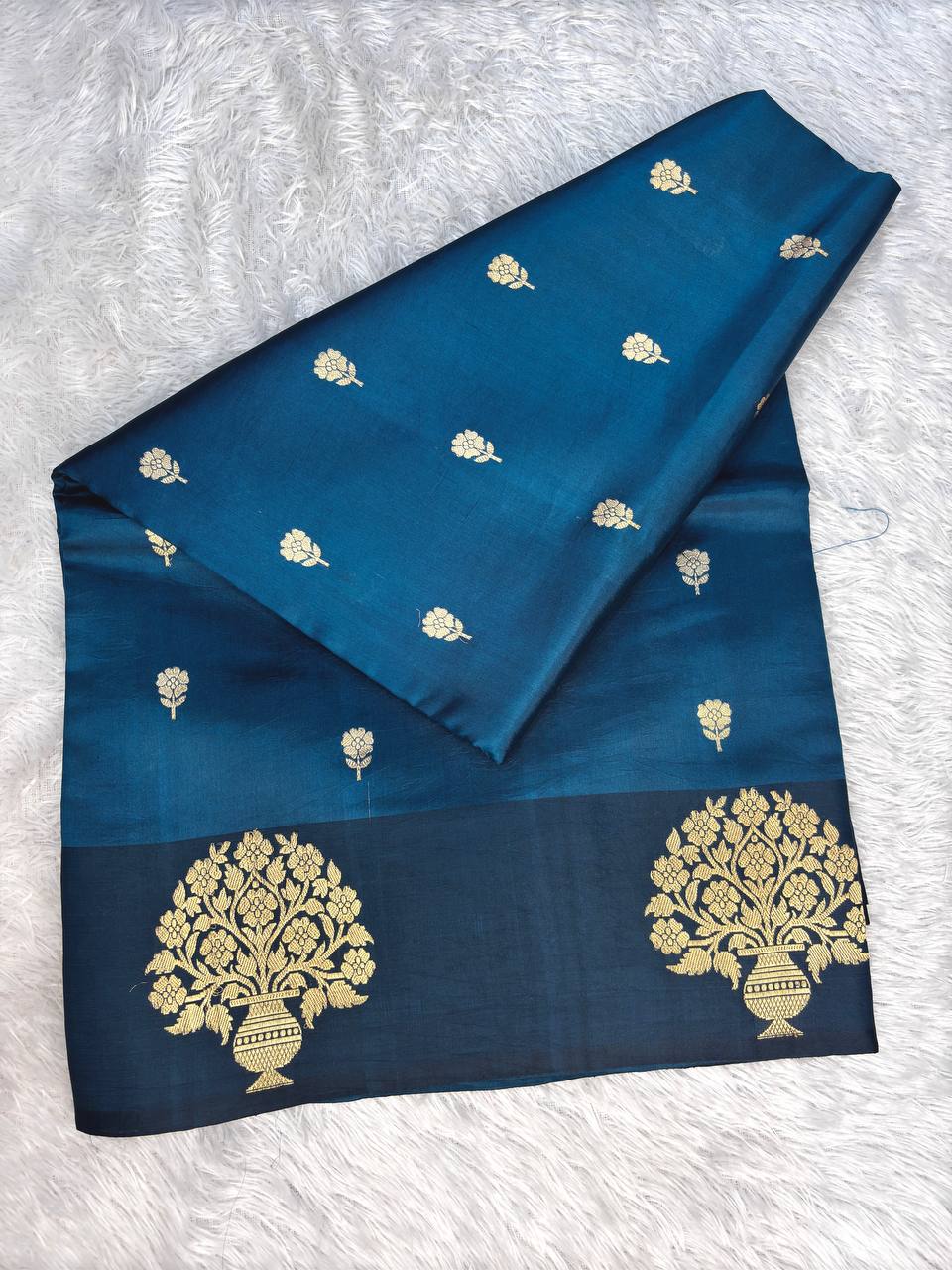 Teal Peacock Handwoven Lightweight Katan Silk Saree with Sona-Rupa Buti and Kadhua Guldasta Border