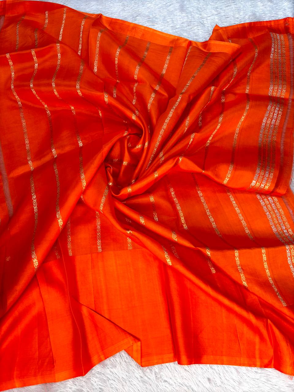 Vermillion Red Handwoven Lightweight Katan Silk Saree with Sona-Rupa Asharfi Buti and Kadhua Sunflower Border