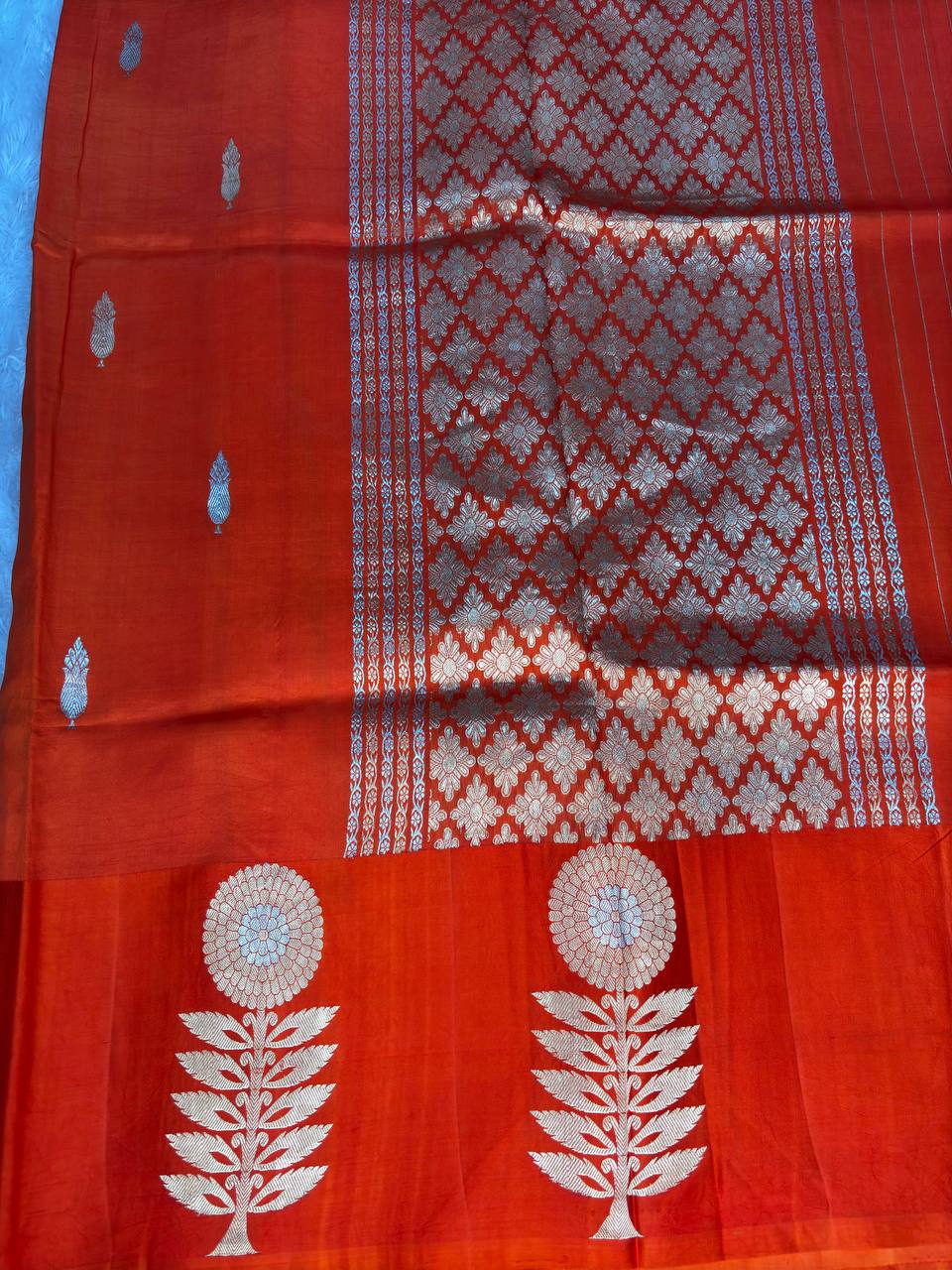 Vermillion Red Handwoven Lightweight Katan Silk Saree with Sona-Rupa Asharfi Buti and Kadhua Sunflower Border