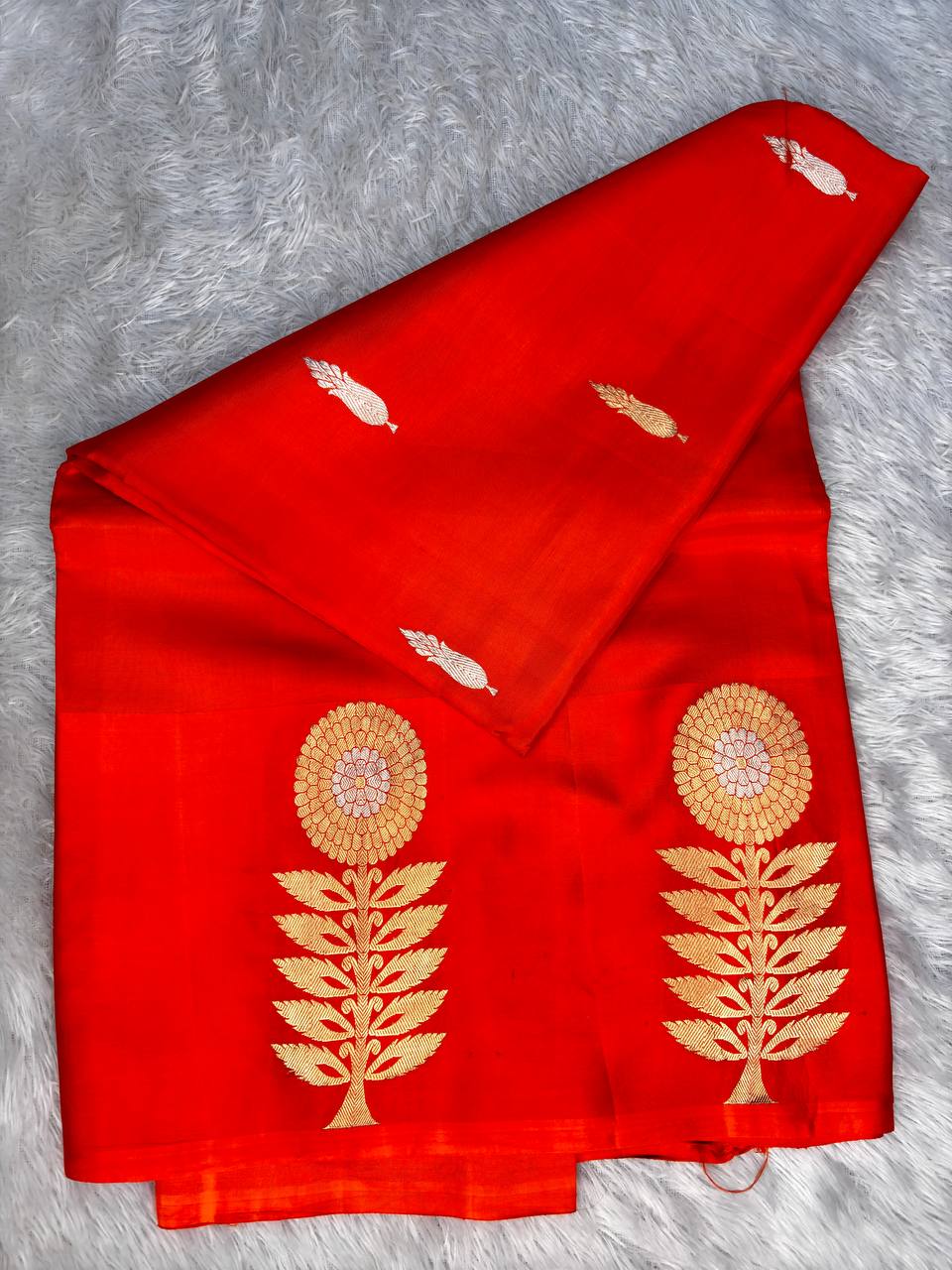 Vermillion Red Handwoven Lightweight Katan Silk Saree with Sona-Rupa Asharfi Buti and Kadhua Sunflower Border