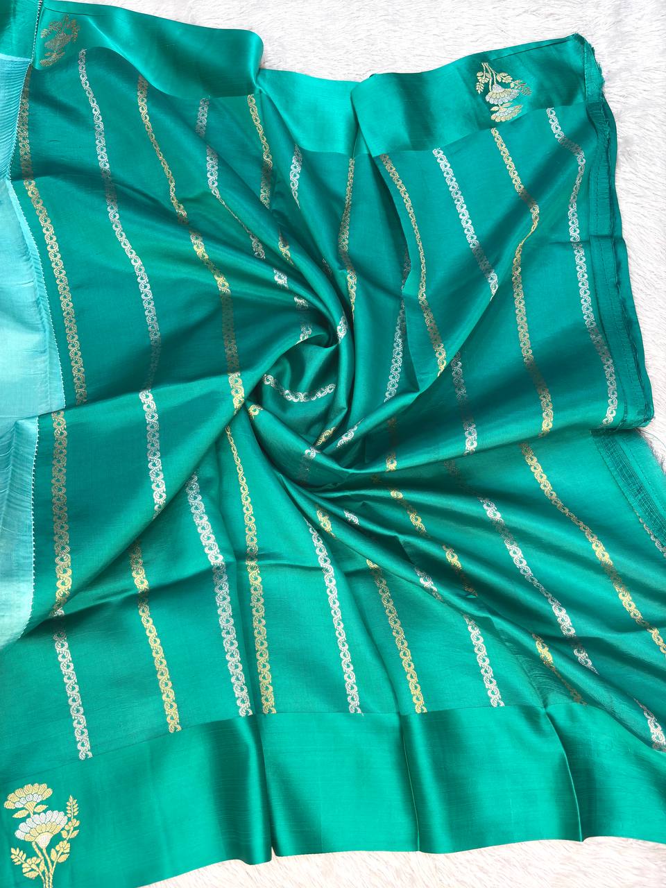 Sky Aqua and Emerald Green Handwoven Lightweight Katan Silk Saree with Sona-Rupa Buti and Kadhua Floral Border