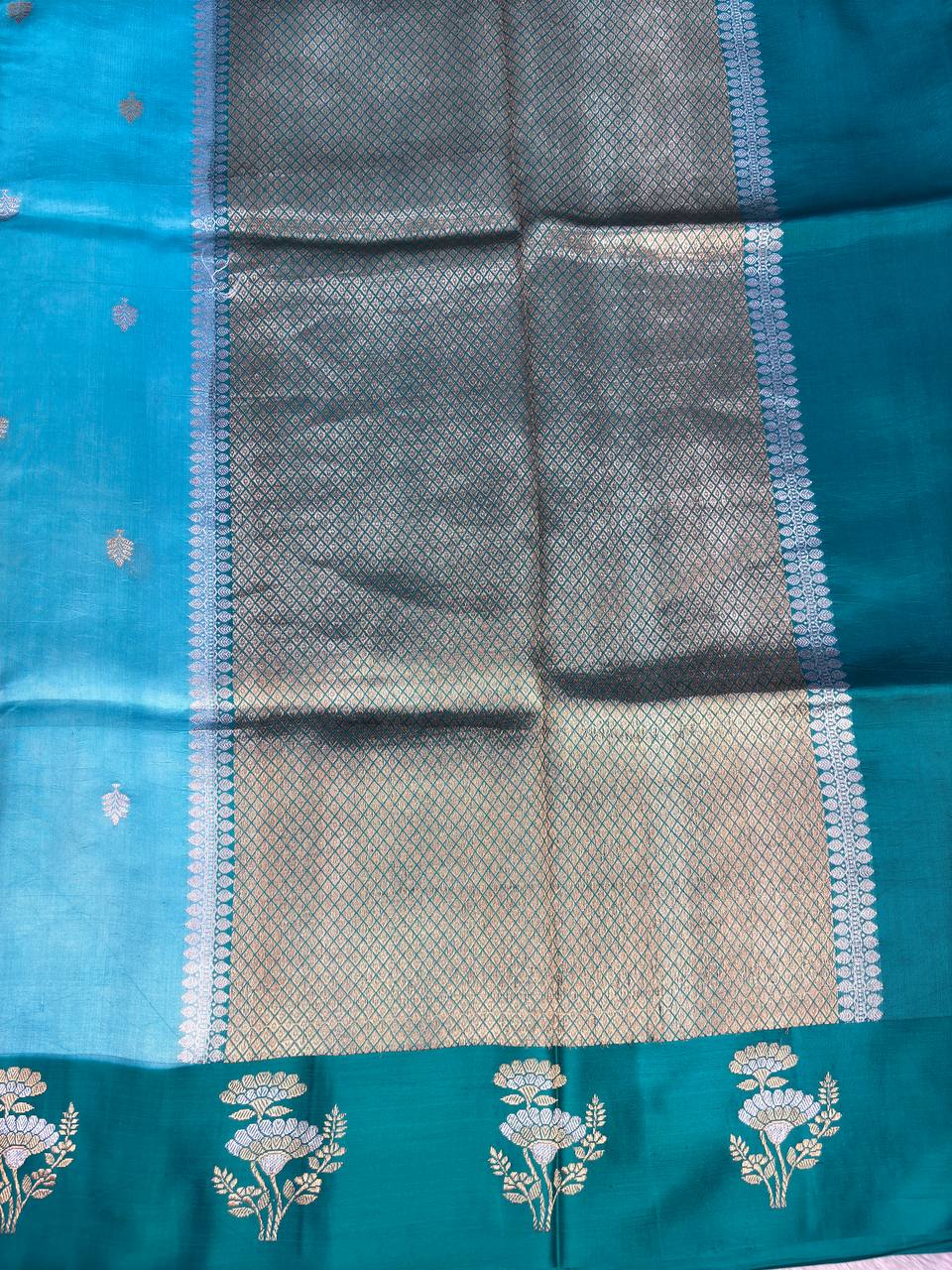 Sky Aqua and Emerald Green Handwoven Lightweight Katan Silk Saree with Sona-Rupa Buti and Kadhua Floral Border