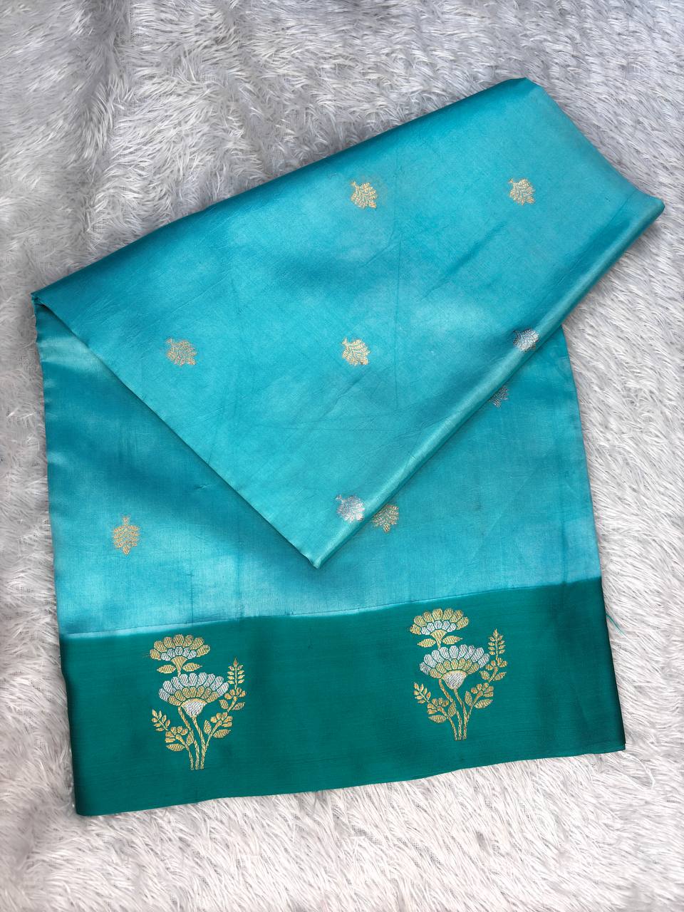 Sky Aqua and Emerald Green Handwoven Lightweight Katan Silk Saree with Sona-Rupa Buti and Kadhua Floral Border