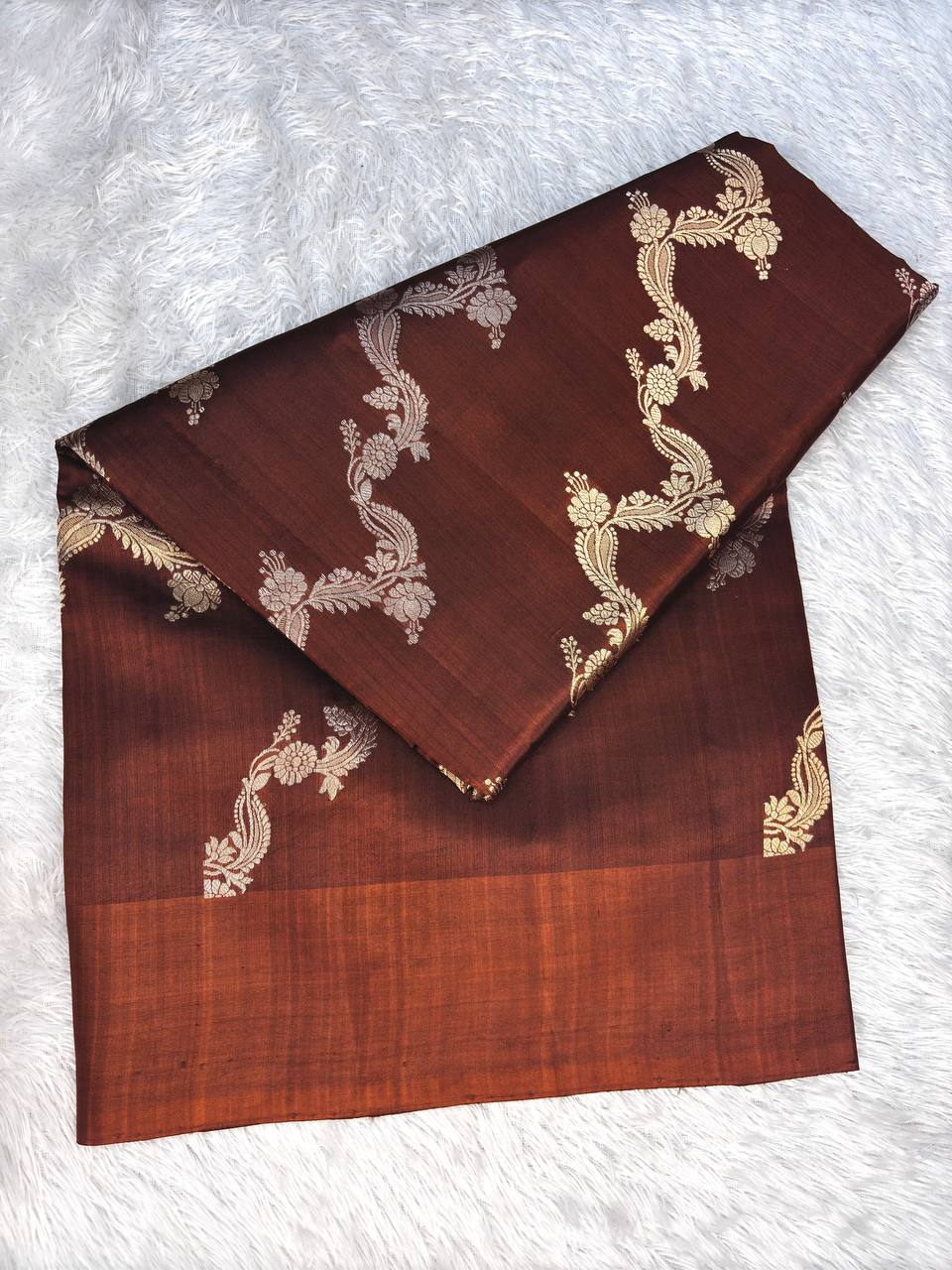 Dark Chocolate Handwoven Lightweight Katan Silk Saree with Sona-Rupa Kadhua Floral Scalloped Bel