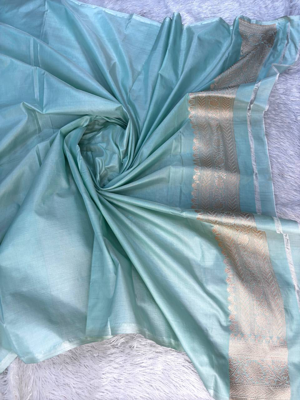 Seafoam Pastel Katan Silk Banarasi Saree with Meenakari Buta & Cutwork Border