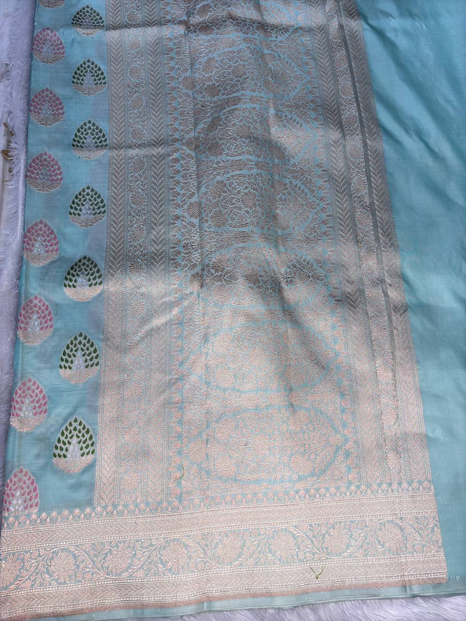 Seafoam Pastel Katan Silk Banarasi Saree with Meenakari Buta & Cutwork Border