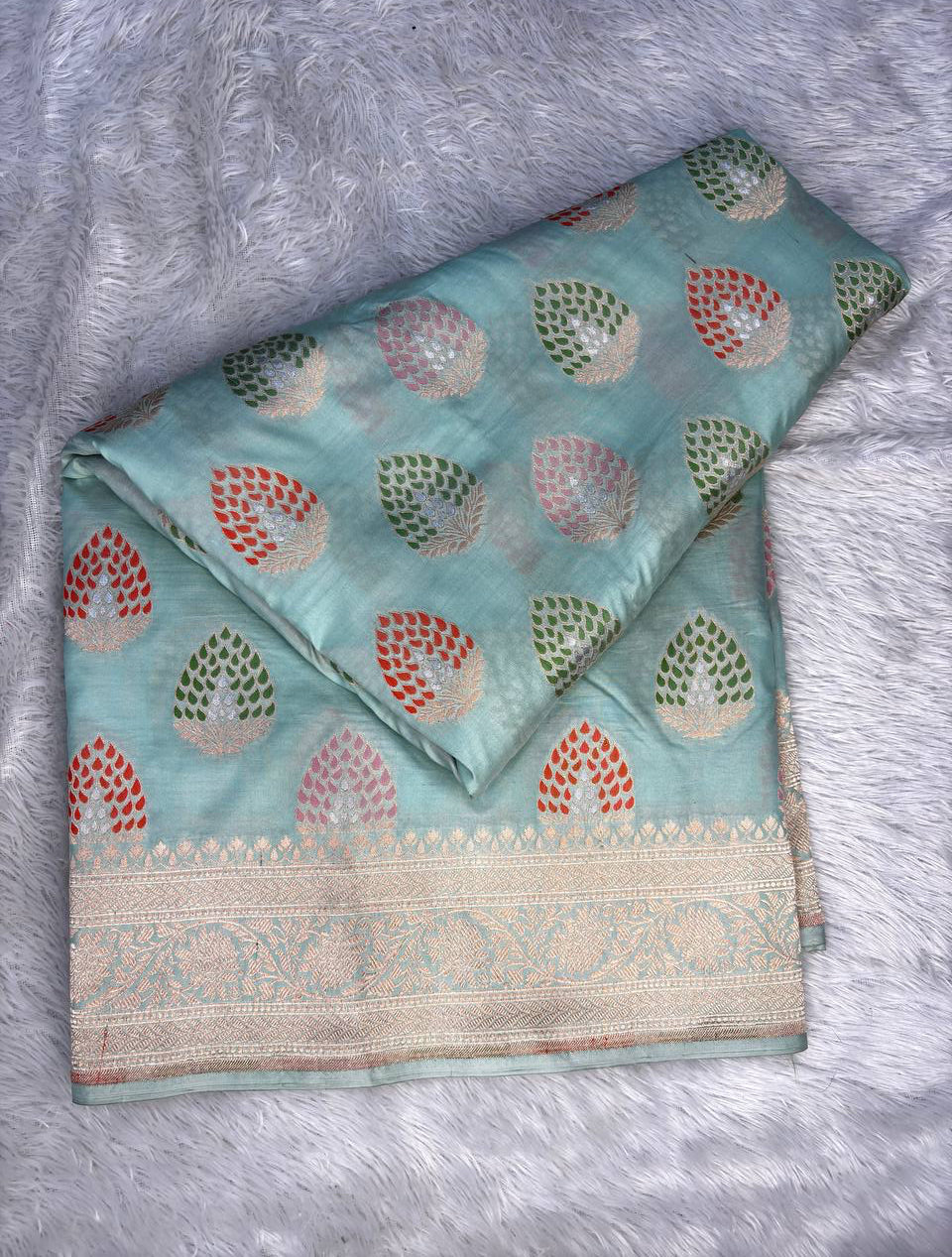 Seafoam Pastel Katan Silk Banarasi Saree with Meenakari Buta & Cutwork Border