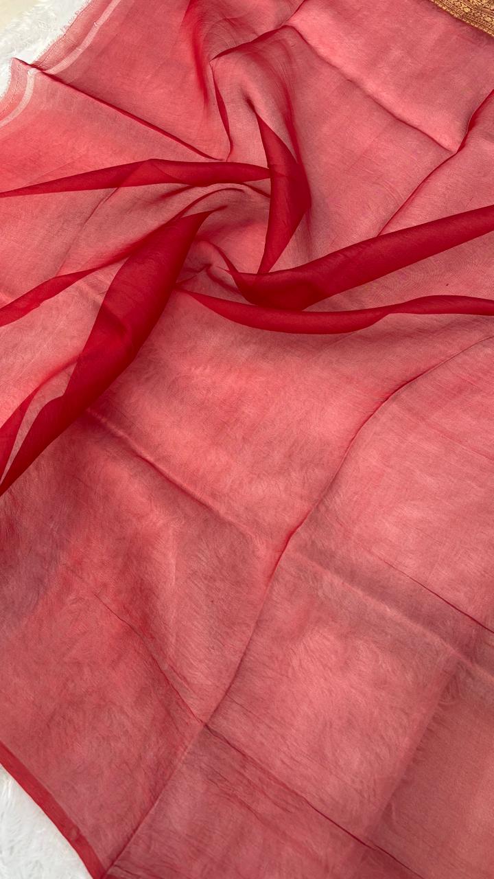 Classic Milky White & Red Banarasi Kora Antique Kadhua Saree with Rich Gold Zari Work