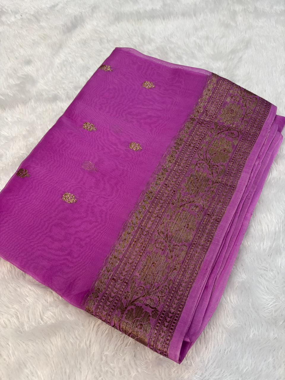 Elegant Rani Pink Banarasi Kora Antique Kadhua Saree with Antique Gold Zari Border