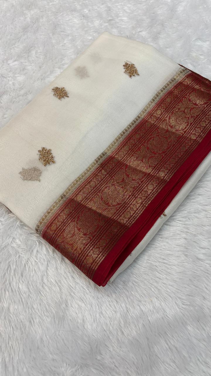 Classic Milky White & Red Banarasi Kora Antique Kadhua Saree with Rich Gold Zari Work