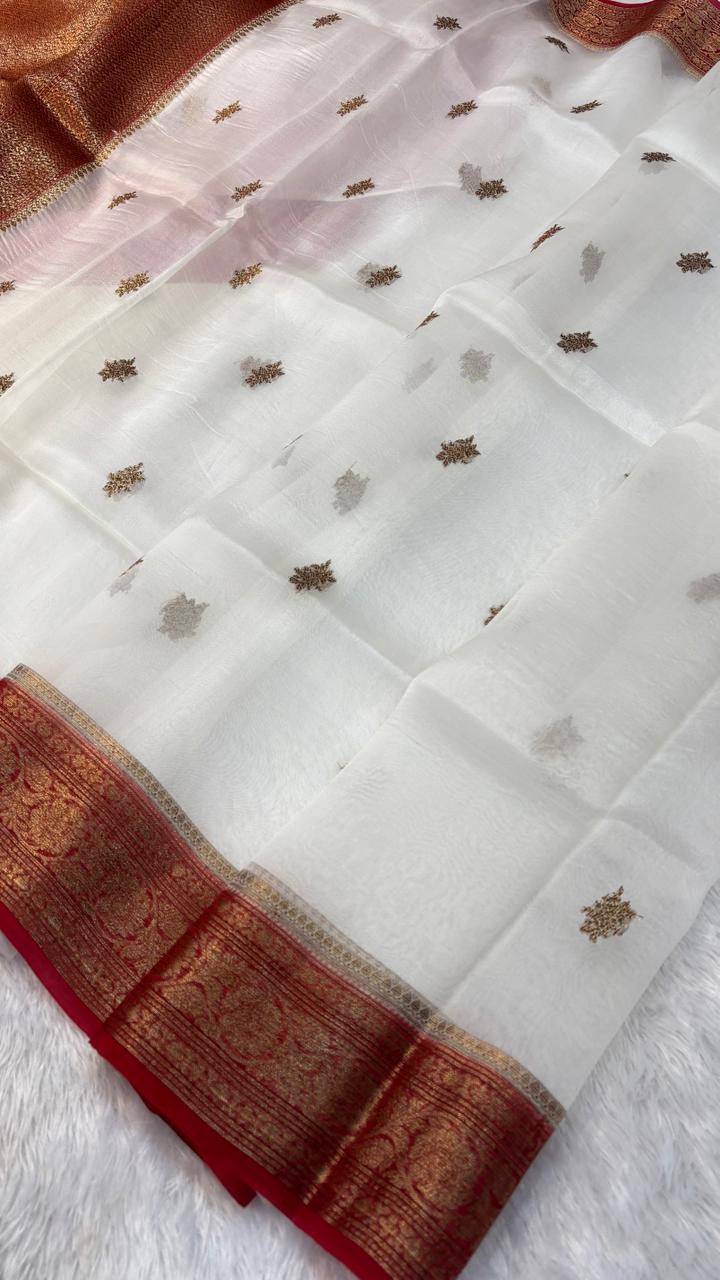 Classic Milky White & Red Banarasi Kora Antique Kadhua Saree with Rich Gold Zari Work