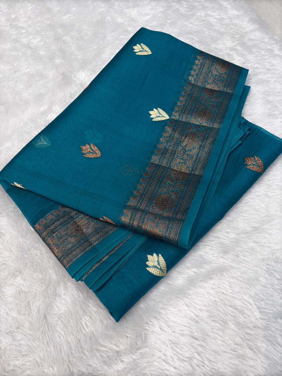 Exquisite Peacock Blue Banarasi Kora Antique Kadhua Saree with Antique Zari Butta