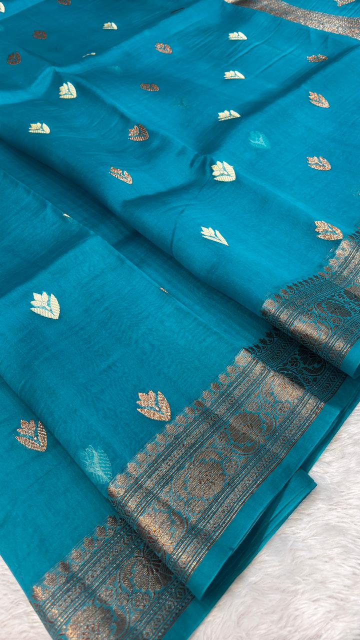 Exquisite Peacock Blue Banarasi Kora Antique Kadhua Saree with Antique Zari Butta
