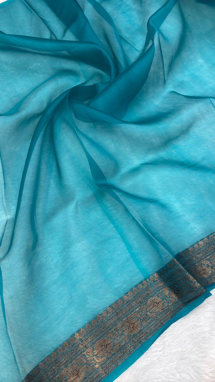 Exquisite Peacock Blue Banarasi Kora Antique Kadhua Saree with Antique Zari Butta