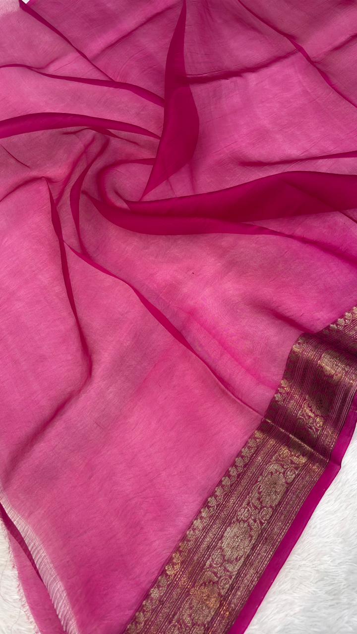 Stunning Rani Pink Banarasi Kora Antique Kadhua Saree with Antique Zari Weave