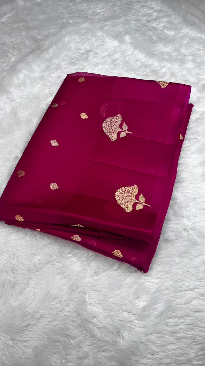 Magenta Banarasi Kora Designer Kadhua Saree with Gold Tree Motifs