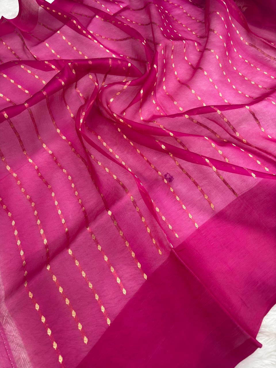 Magenta Banarasi Kora Designer Kadhua Saree with Gold Tree Motifs