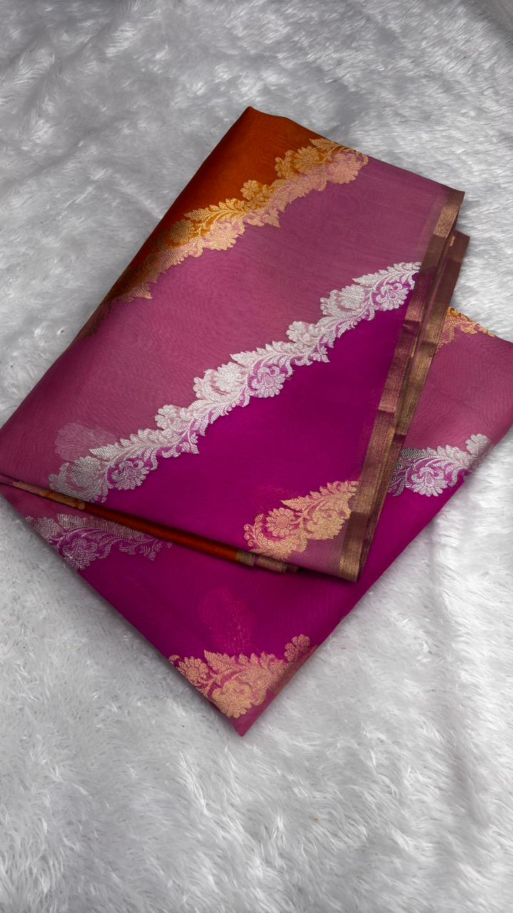 Tri-Color Leheriya Half-and-Half Banarasi Kora Rangkaat Kadhua Saree