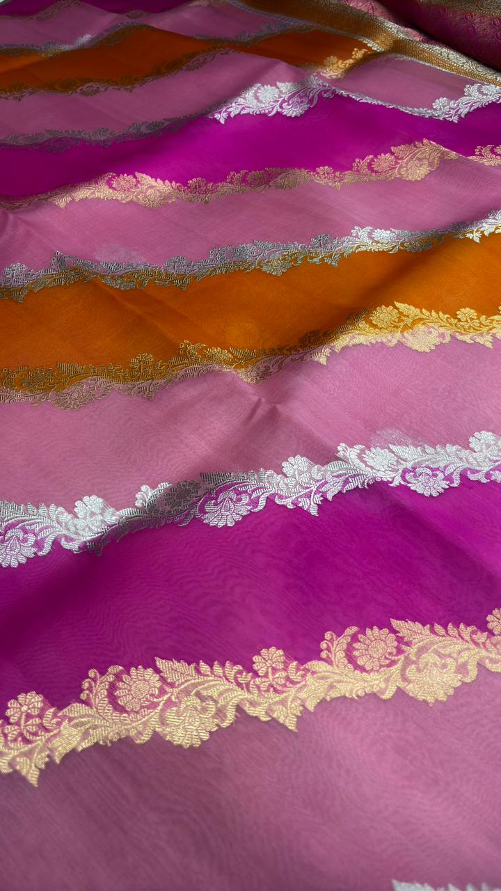 Tri-Color Leheriya Half-and-Half Banarasi Kora Rangkaat Kadhua Saree
