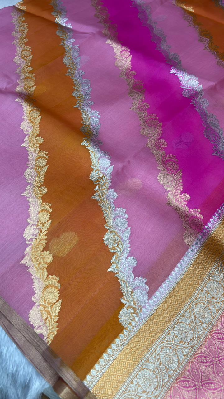 Tri-Color Leheriya Half-and-Half Banarasi Kora Rangkaat Kadhua Saree