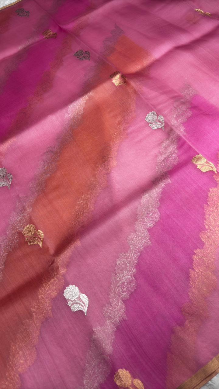 Tri-Color Leheriya Half-and-Half Banarasi Kora Rangkaat Kadhua Saree