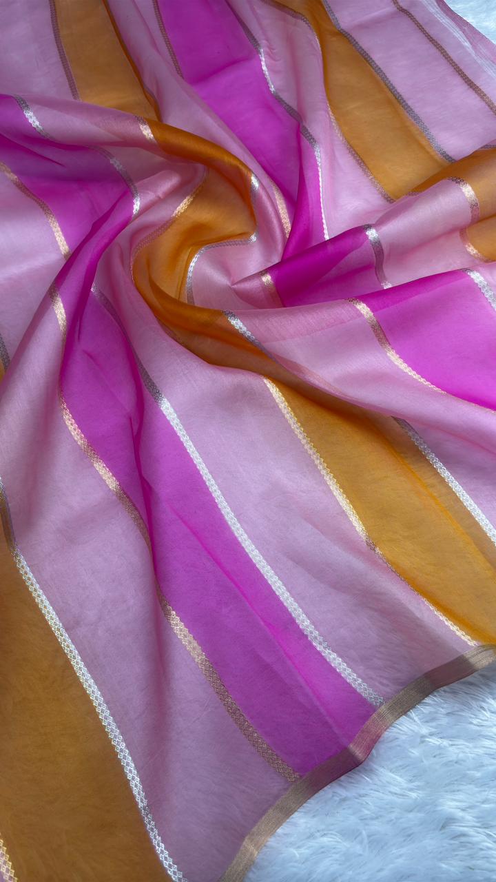 Tri-Color Leheriya Half-and-Half Banarasi Kora Rangkaat Kadhua Saree
