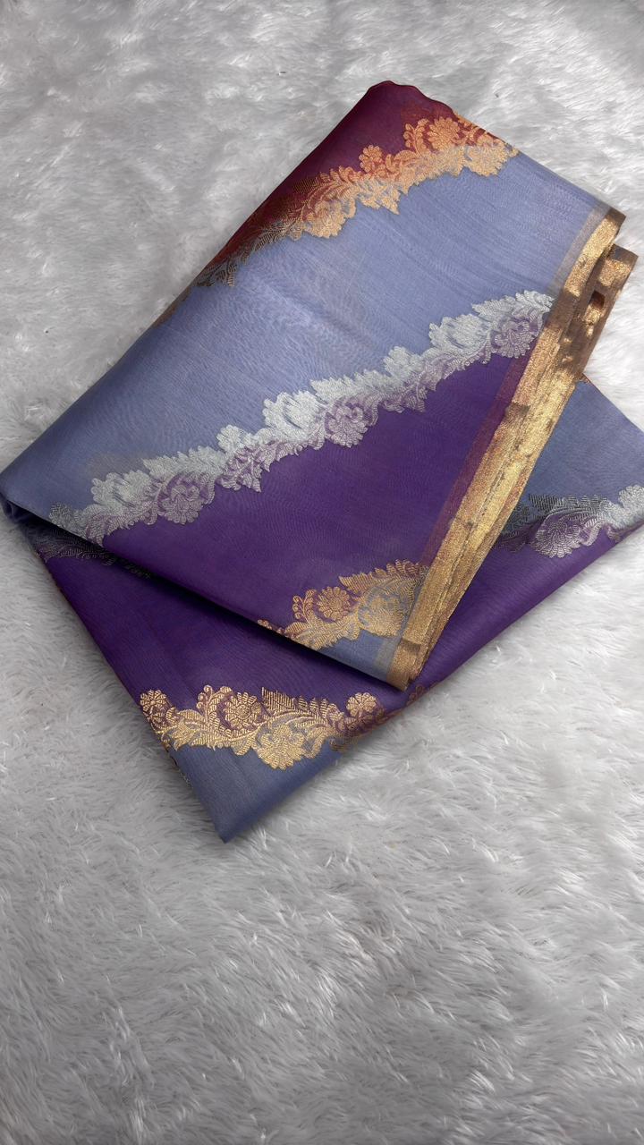 Elegant Lavender & Purple Half-and-Half Banarasi Kora Rangkaat Kadhua Saree