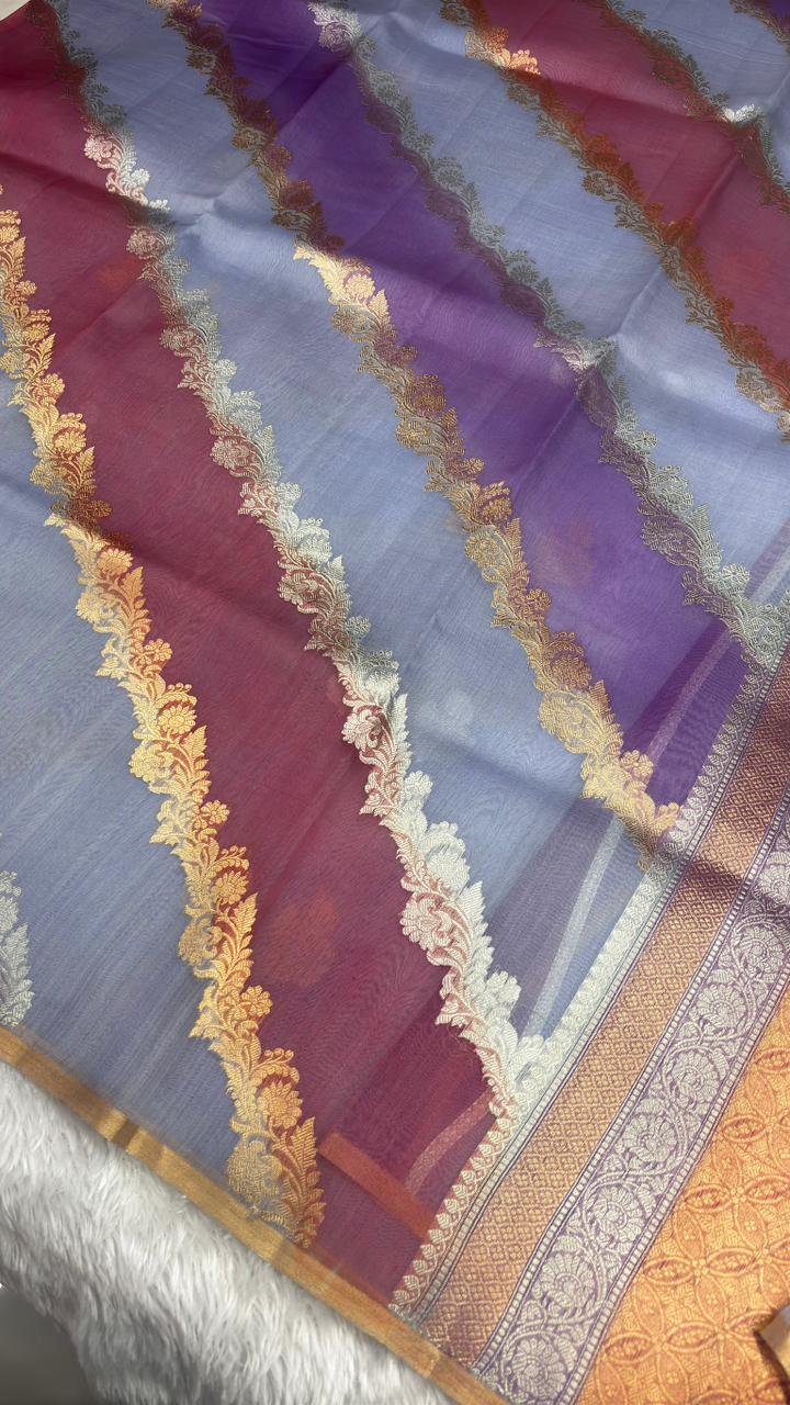 Elegant Lavender & Purple Half-and-Half Banarasi Kora Rangkaat Kadhua Saree