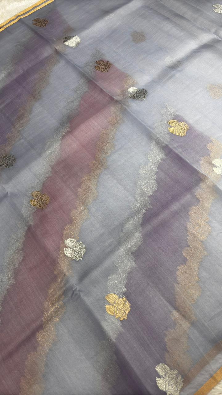 Elegant Lavender & Purple Half-and-Half Banarasi Kora Rangkaat Kadhua Saree