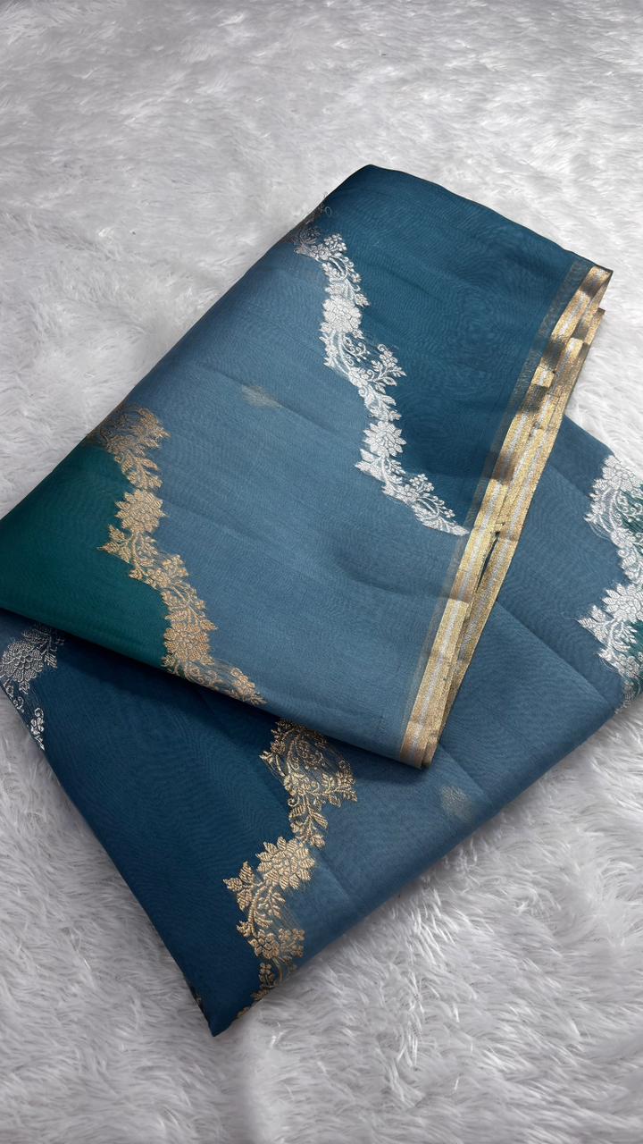 పురాతన జరీ బుట్టాతో విలాసవంతమైన నెమలి నీలం బనారసి కోరా రంగట్ కధువా చీర