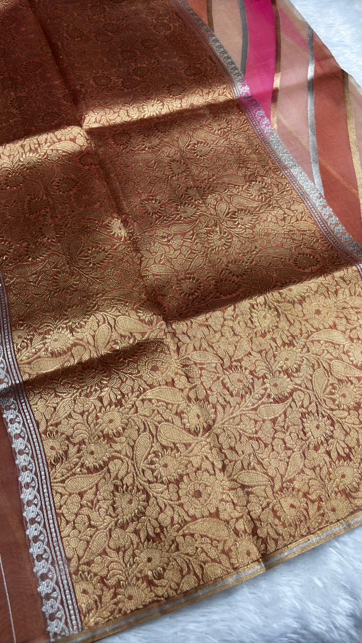 Modern Rust & Magenta Diagonal Panel Banarasi Kora  Rangkaat Kadhua Saree