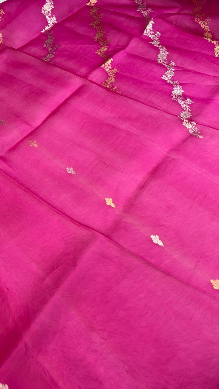 Exclusive Half-and-Half Magenta Banarasi Kora Designer Kadhua Saree