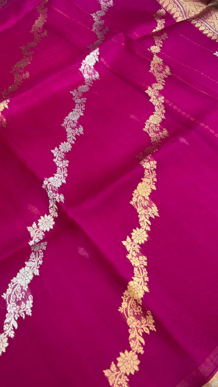 Exclusive Half-and-Half Magenta Banarasi Kora Designer Kadhua Saree
