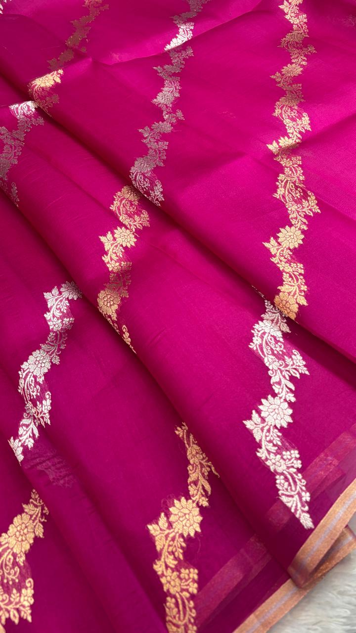 Exclusive Half-and-Half Magenta Banarasi Kora Designer Kadhua Saree