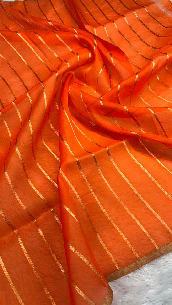 Radiant Sunset Orange Half-and-Half Banarasi Kora Designer Saree