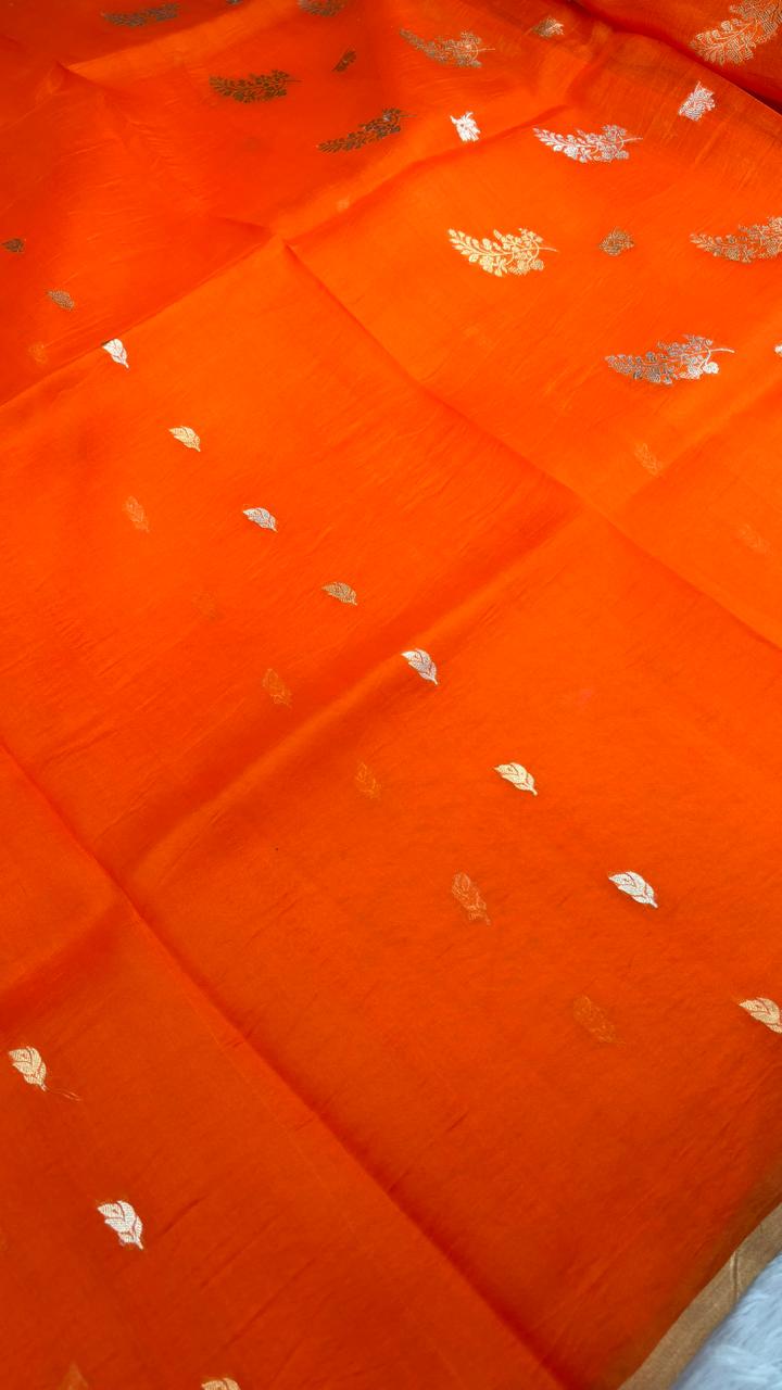 Radiant Sunset Orange Half-and-Half Banarasi Kora Designer Saree