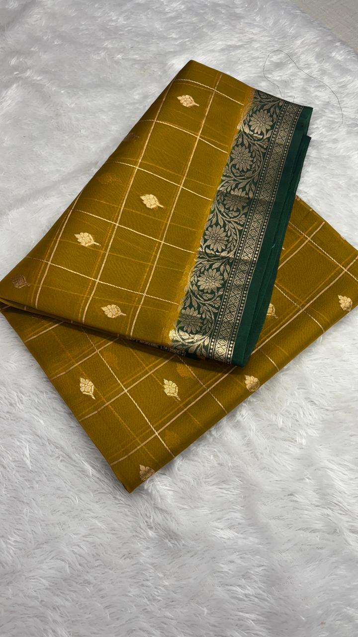 Classic Mustard Yellow & Bottle Green Banarasi Kora designer Kadhua Saree