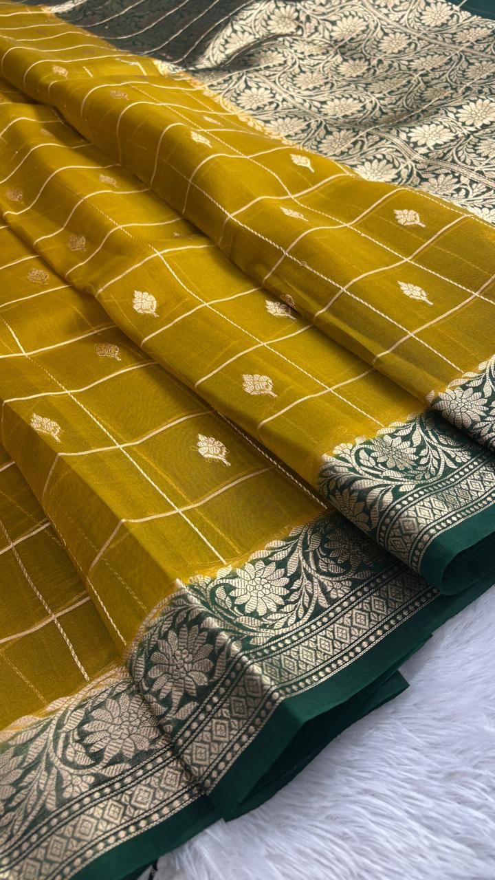 Classic Mustard Yellow & Bottle Green Banarasi Kora designer Kadhua Saree