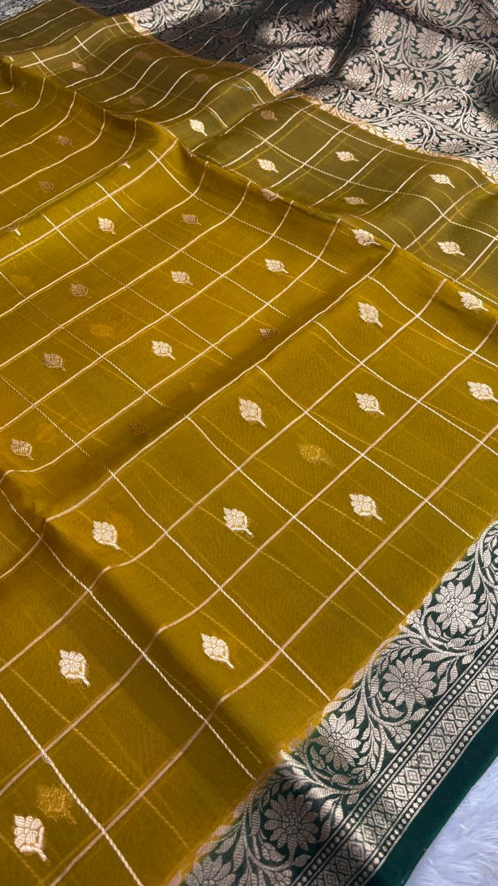 Classic Mustard Yellow & Bottle Green Banarasi Kora designer Kadhua Saree