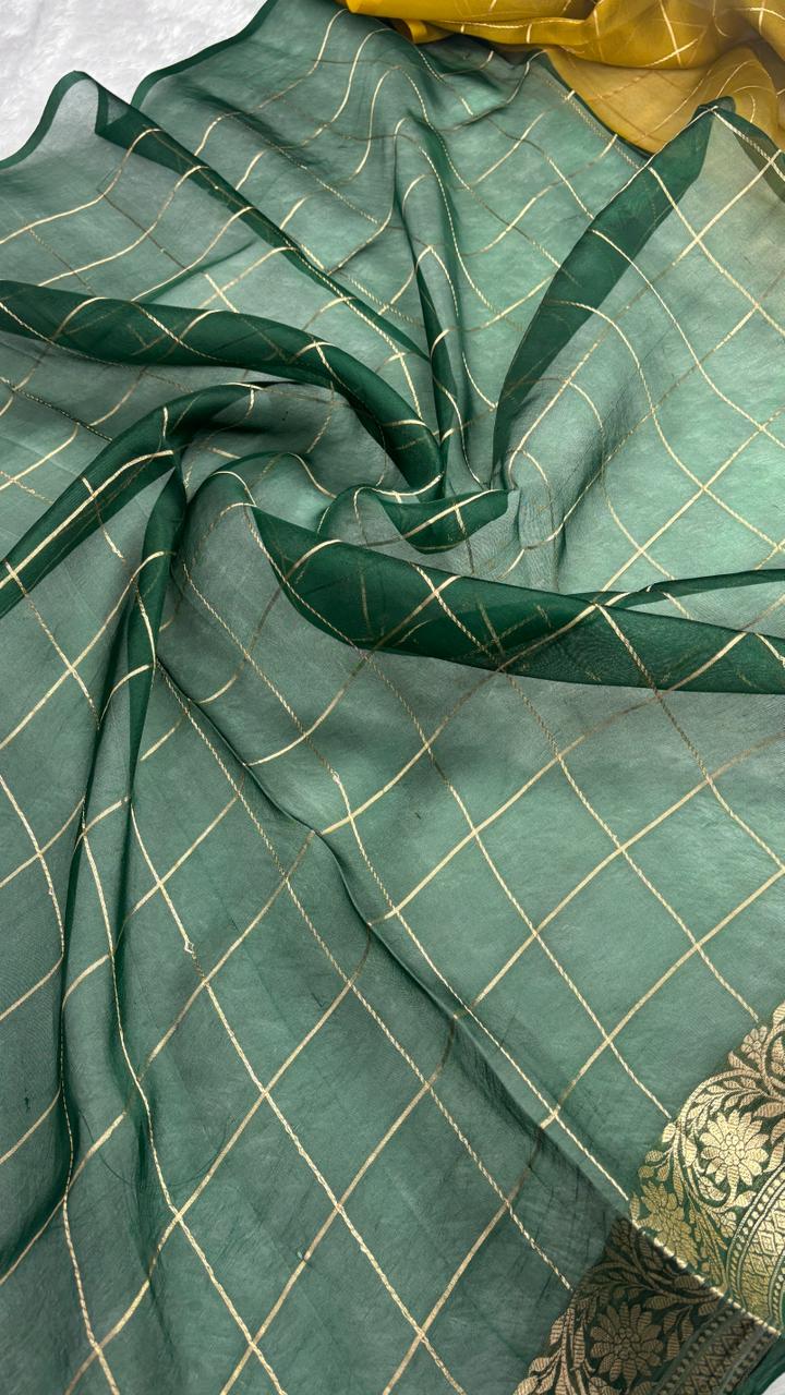 Classic Mustard Yellow & Bottle Green Banarasi Kora designer Kadhua Saree