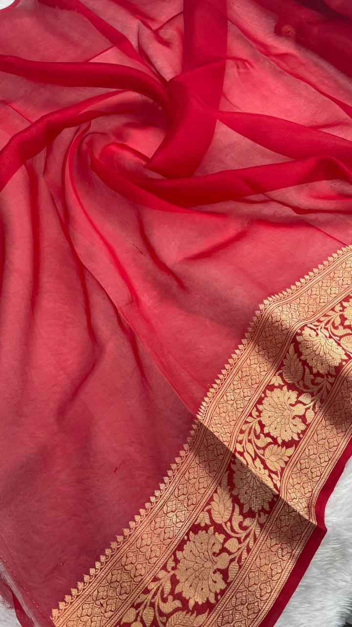 Radiant Crimson Red Banarasi Kora Designer Kadhua Saree