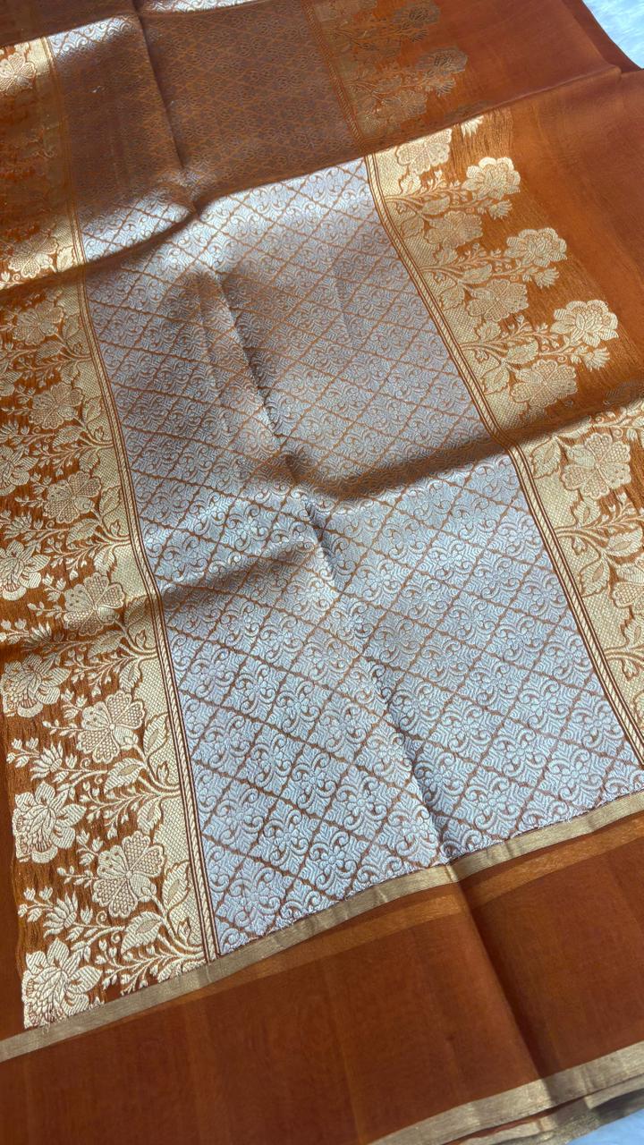 Ethereal Rust Orange Banarasi Kora Designer Kadhua Saree