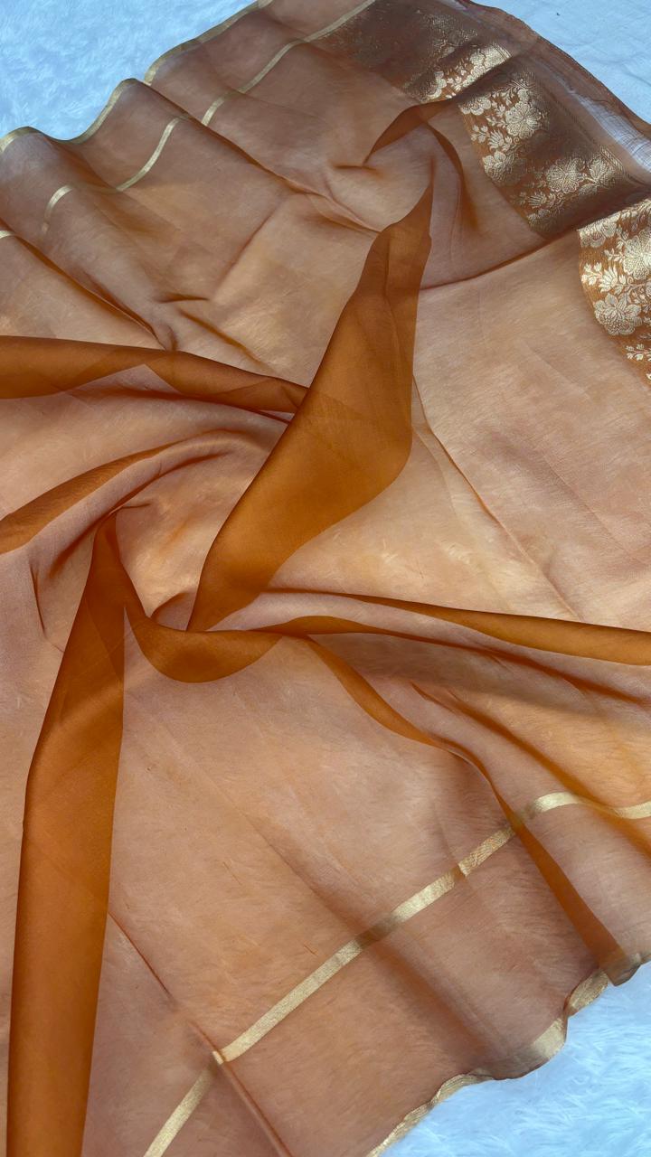 Ethereal Rust Orange Banarasi Kora Designer Kadhua Saree