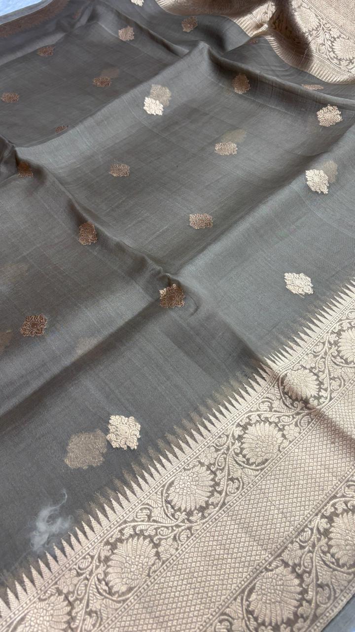 Sophisticated Taupe Grey Banarasi Kora Designer Kadhua Saree