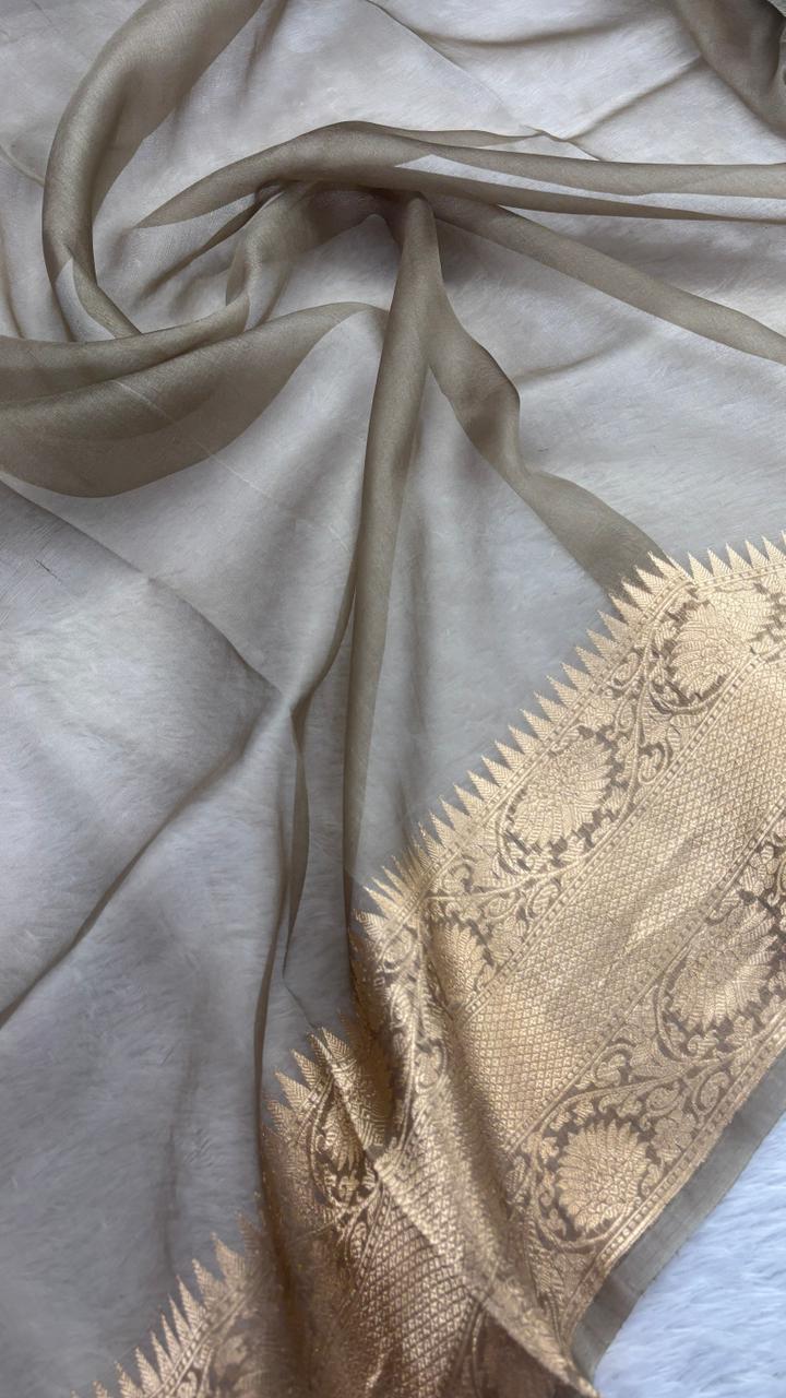 Sophisticated Taupe Grey Banarasi Kora Designer Kadhua Saree