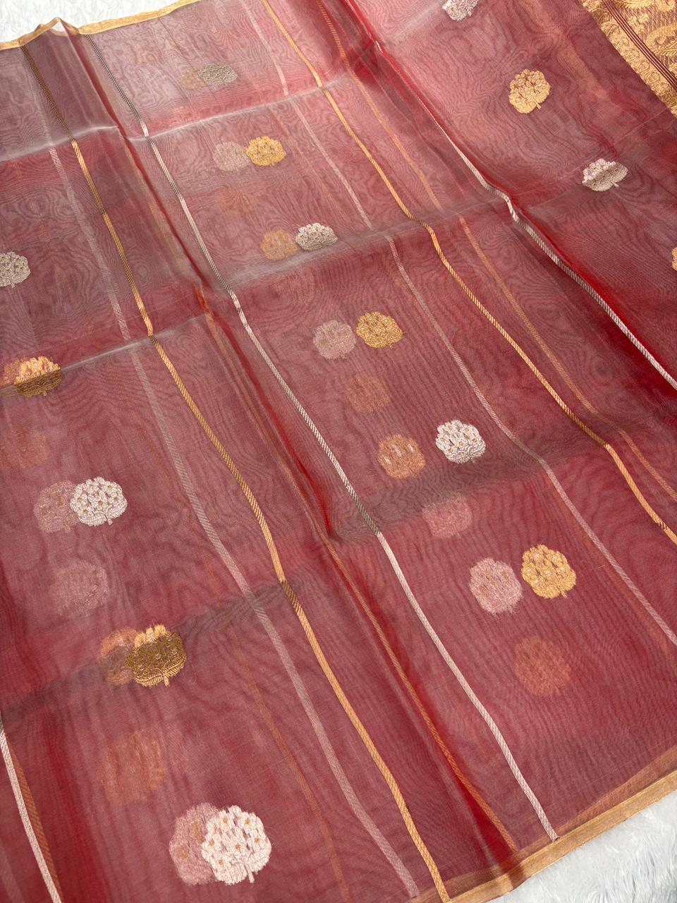 The Rustic Copper: Brick Red Banarasi Tissue Silk Saree