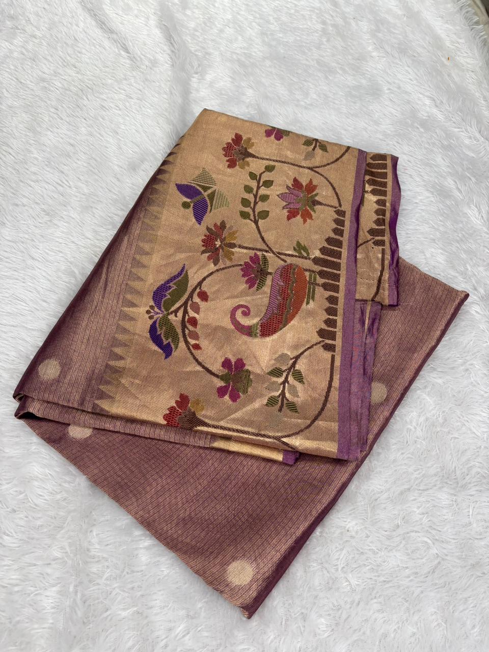 Radiant Golden Beige BanarasiTissue Saree with Vibrant Meenakari Border