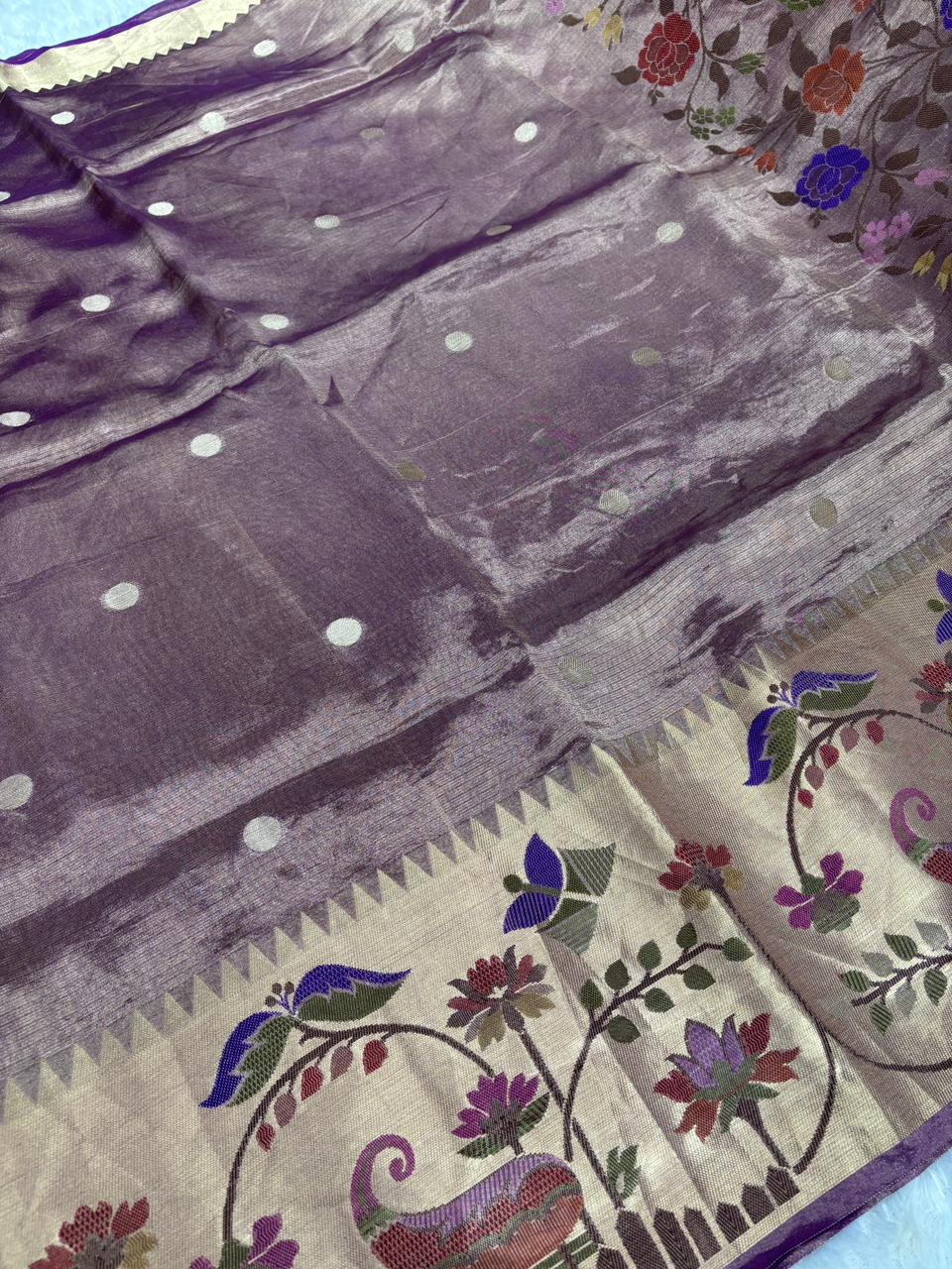 Radiant Golden Beige BanarasiTissue Saree with Vibrant Meenakari Border