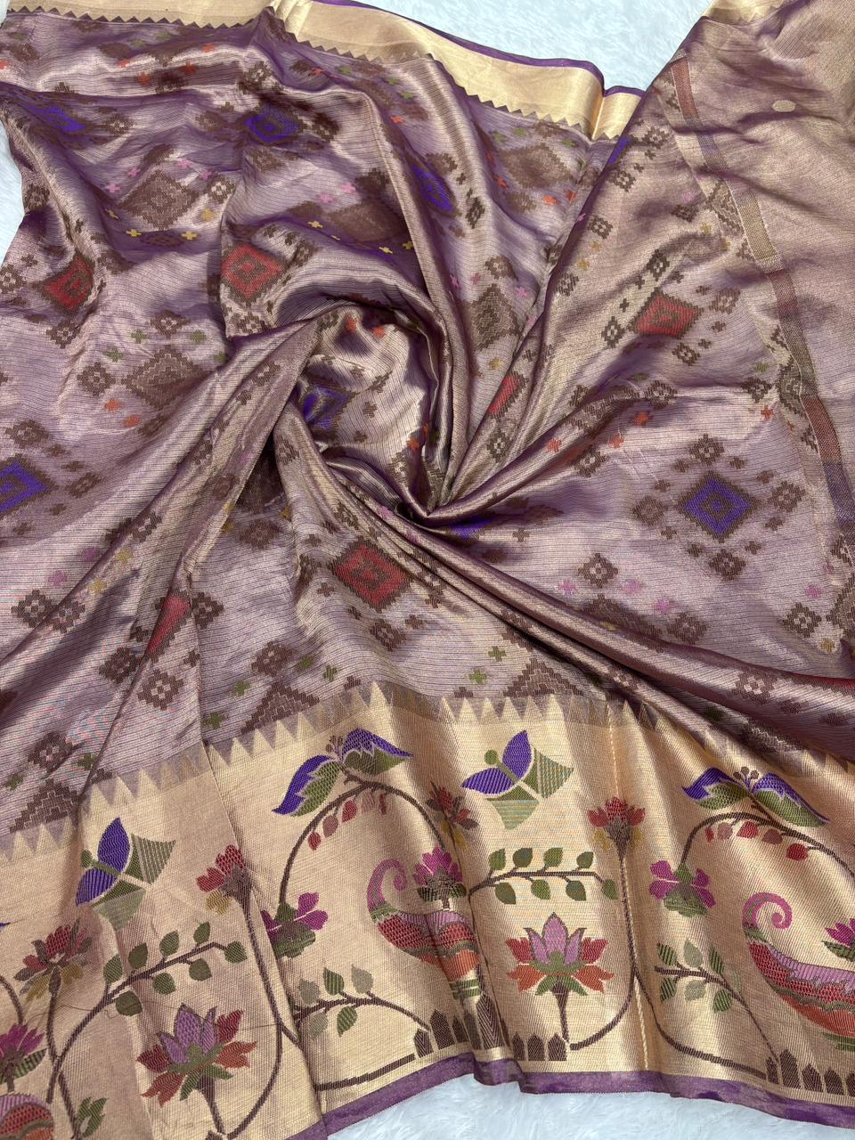 Radiant Golden Beige BanarasiTissue Saree with Vibrant Meenakari Border