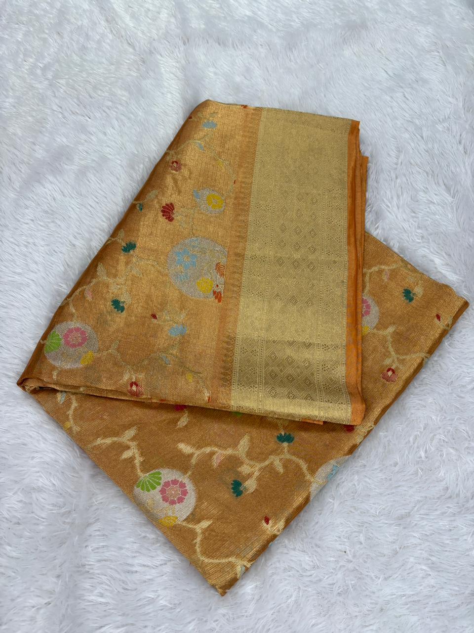 Luxurious Honey Gold Tissue Banarasi Tissue Saree with Silver Meenakari Vines